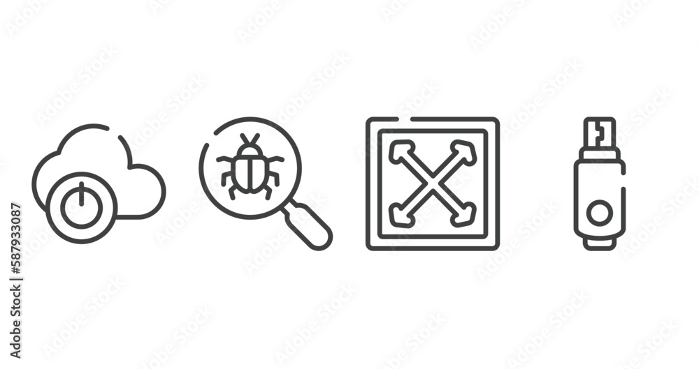 Poster computer and hardware outline icons set. thin line icons sheet included descendant, bugs search, ful