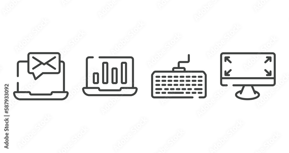 Poster responsive web outline icons set. thin line icons sheet included message on laptop, stats on a scree