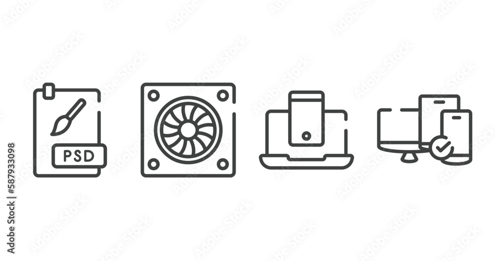 Poster responsive web outline icons set. thin line icons sheet included psd file, computer fan, smartphone 