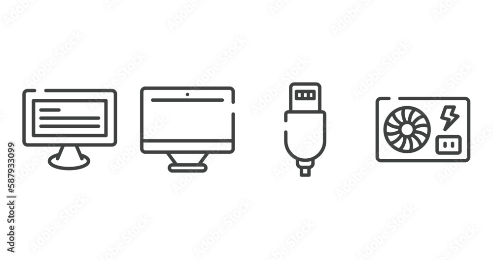 Poster electronic devices fill outline icons set. thin line icons sheet included monitor with text, monitor