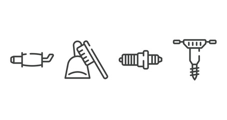 tool box outline icons set. thin line icons sheet included exhaust pipe, dustpan and brush, spark plug, hydraulic breaker vector.