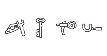 engineering outline icons set. thin line icons sheet included headlight, antique key, grinder, micrometer vector. - obrazy, fototapety, plakaty