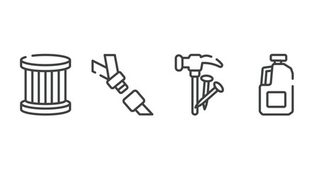 toolbox outline icons set. thin line icons sheet included oil filter, seatbelt, hammer and nail, gallon oil vector.