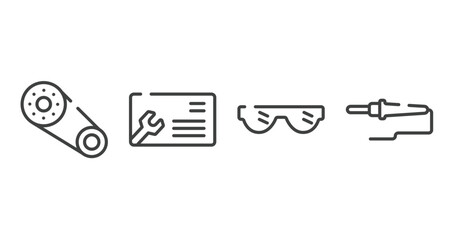 construction and tools outline icons set. thin line icons sheet included timing belt, business cards, eye protection, soldering vector.