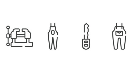 carpentry outline icons set. thin line icons sheet included vice, overalls, car key, jumpsuit vector.