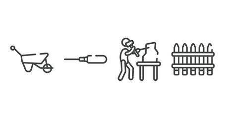 construction outline icons set. thin line icons sheet included barrow, autoloader, sculptor, fences vector.