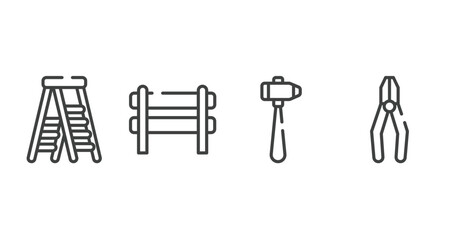 construction outline icons set. thin line icons sheet included stepladder, barricade, sledgehammer, crimping pliers vector.