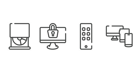 responsive web outline icons set. thin line icons sheet included cd drive, monitor locked, siri remote, monitor tablet and smartphone vector.