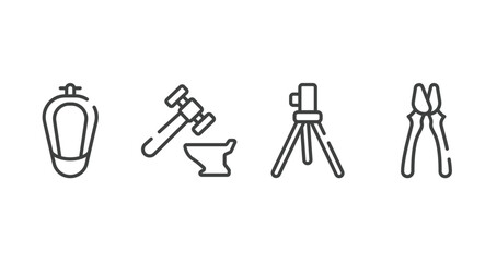 electrician tools outline icons set. thin line icons sheet included urinal, blacksmith, geodetic, clamps vector.