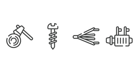 car parts outline icons set. thin line icons sheet included woodcutter, screws, bellows, starter vector.