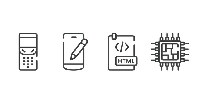 electronic devices fill outline icons set. thin line icons sheet included folding phone, edit smartphone, html document, cpu processor vector.