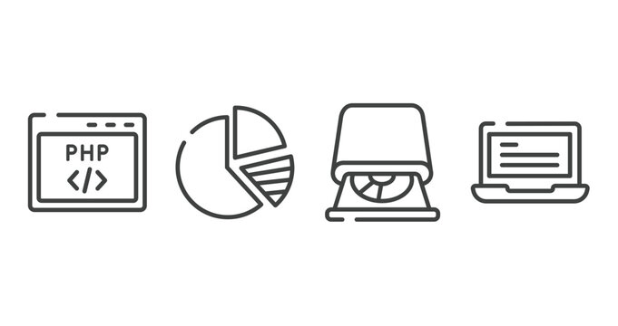 responsive web outline icons set. thin line icons sheet included php code, pie charts, cd room, laptop with text vector.
