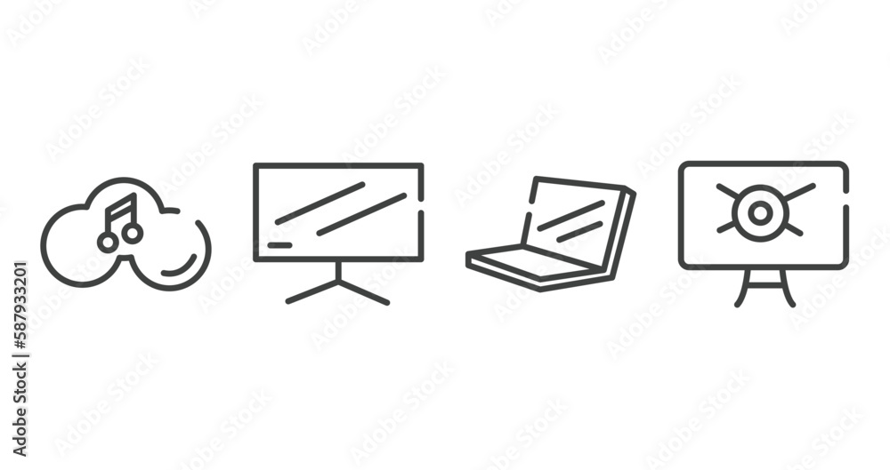 Poster computer and media outline icons set. thin line icons sheet included music on cloud, flatscreen tv, 