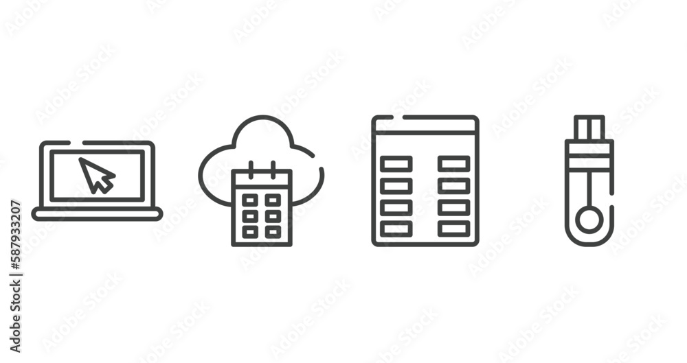 Poster computer and media outline icons set. thin line icons sheet included screen with cursor arrow, calen