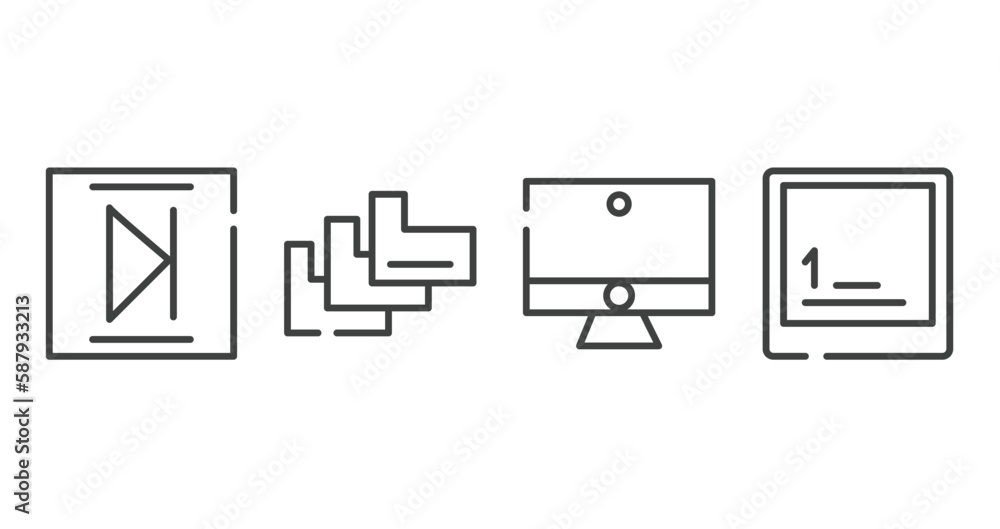 Poster computer and media outline icons set. thin line icons sheet included media end, index folder, comput