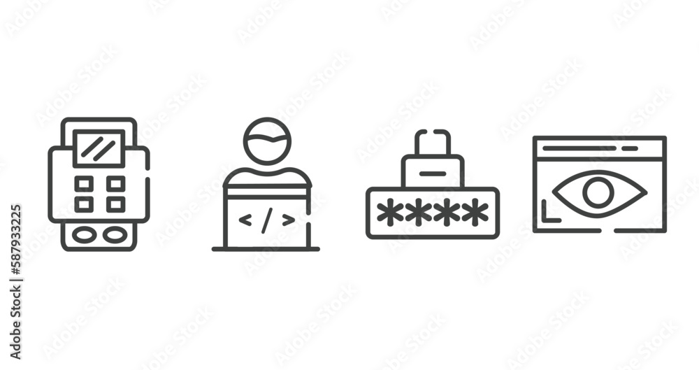 Poster cyber crimes outline icons set. thin line icons sheet included bank terminal, programmer, security c