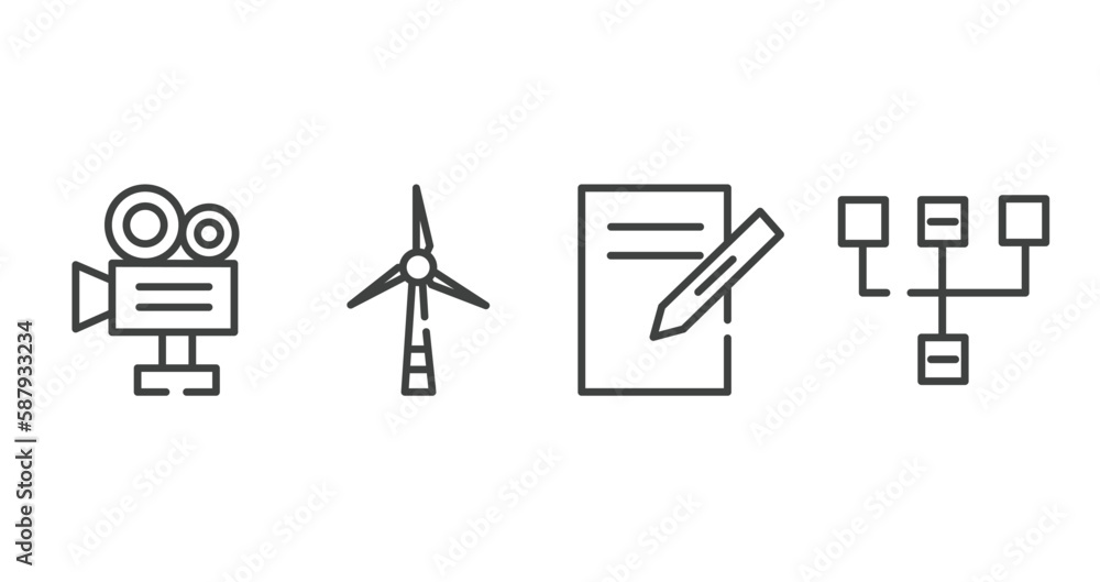 Poster web design outline icons set. thin line icons sheet included video production, wind turbine, text ed