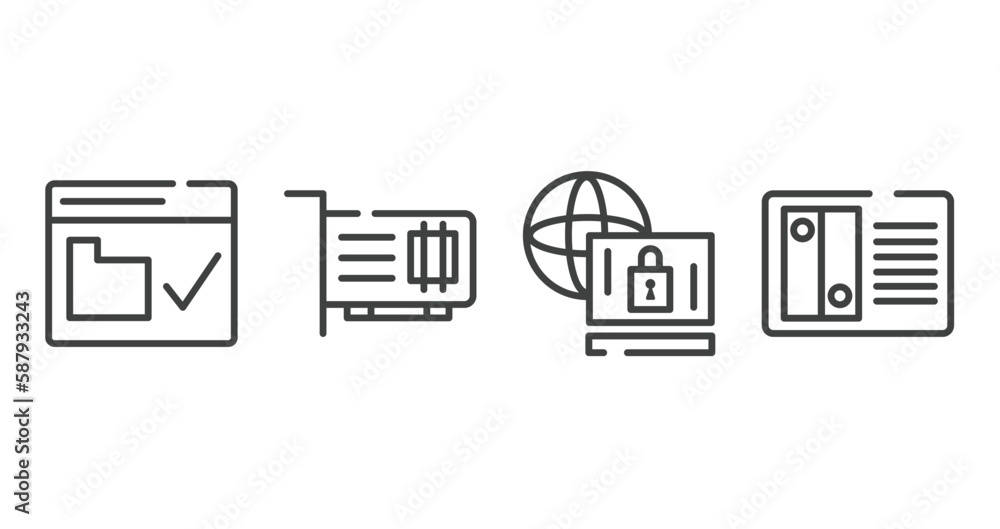 Poster computer outline icons set. thin line icons sheet included web security, network interface card, rem