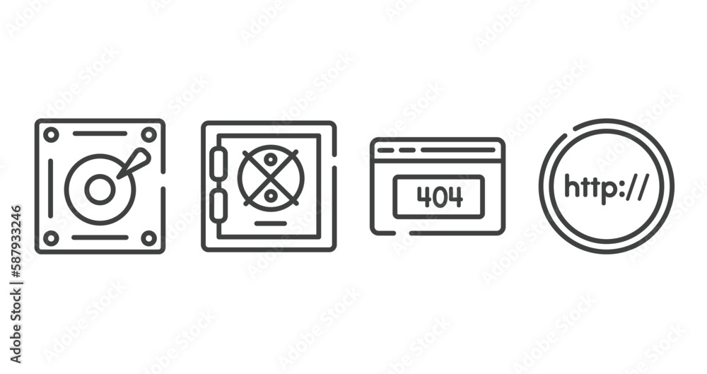 Poster internet outline icons set. thin line icons sheet included harddisk, strongbox, 404, http vector.