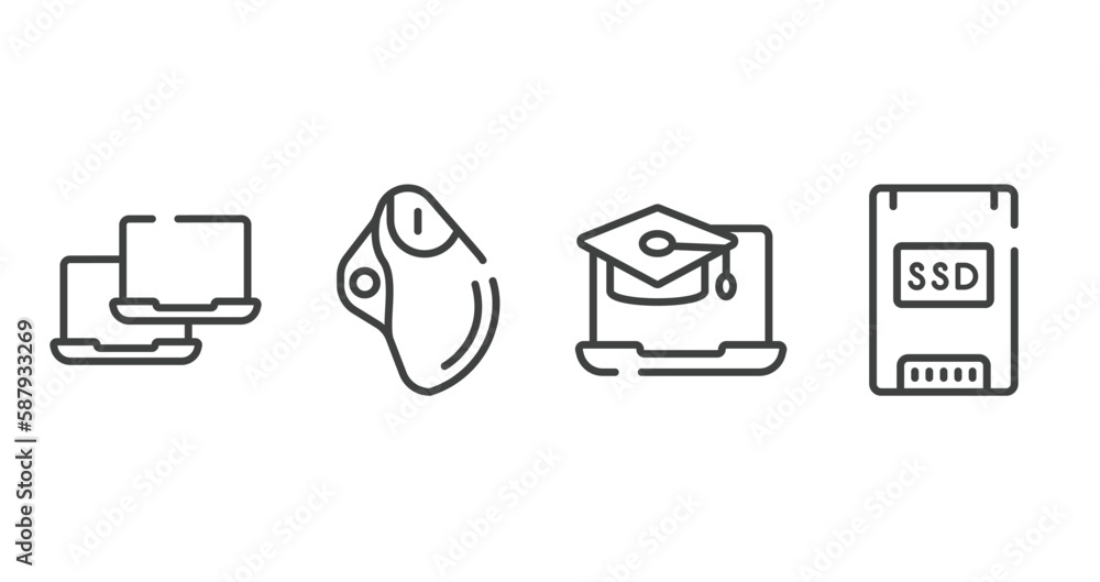 Poster computer functions outline icons set. thin line icons sheet included laptops, trackball, online univ