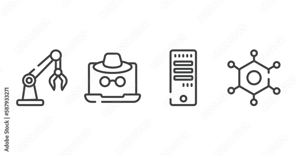 Poster artificial intelligence outline icons set. thin line icons sheet included robotic arm, fraud, comput