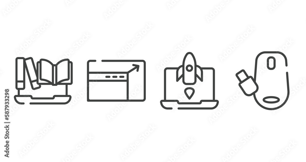 Poster computer device outline icons set. thin line icons sheet included encyclopedia, resizing, missile, w