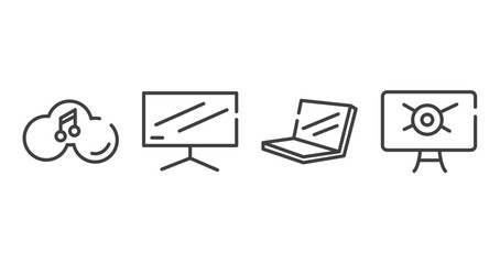 computer and media outline icons set. thin line icons sheet included music on cloud, flatscreen tv, laptop in perspective, computer virus vector.