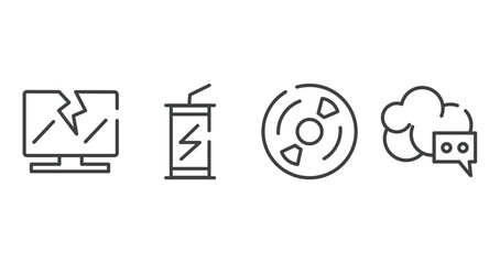 cloud service outline icons set. thin line icons sheet included broken laptop, energy drink, cds, cloud messaging vector.