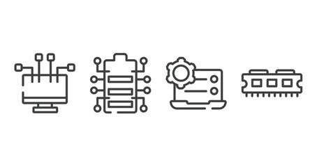 computer and data outline icons set. thin line icons sheet included streaming, battery status, preferences, ram memory vector.
