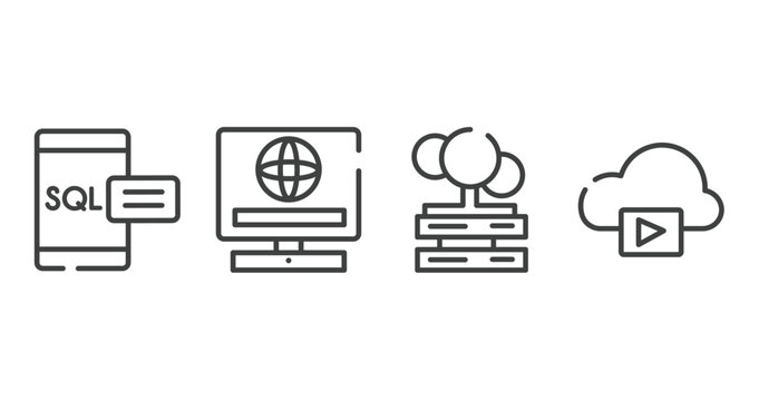 computer technology outline icons set. thin line icons sheet included sql, online service, cloud servers, storage media vector.