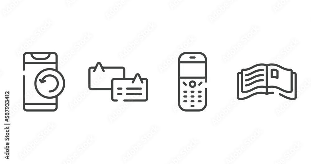 Poster communication and media outline icons set. thin line icons sheet included phone with refresh arrows,