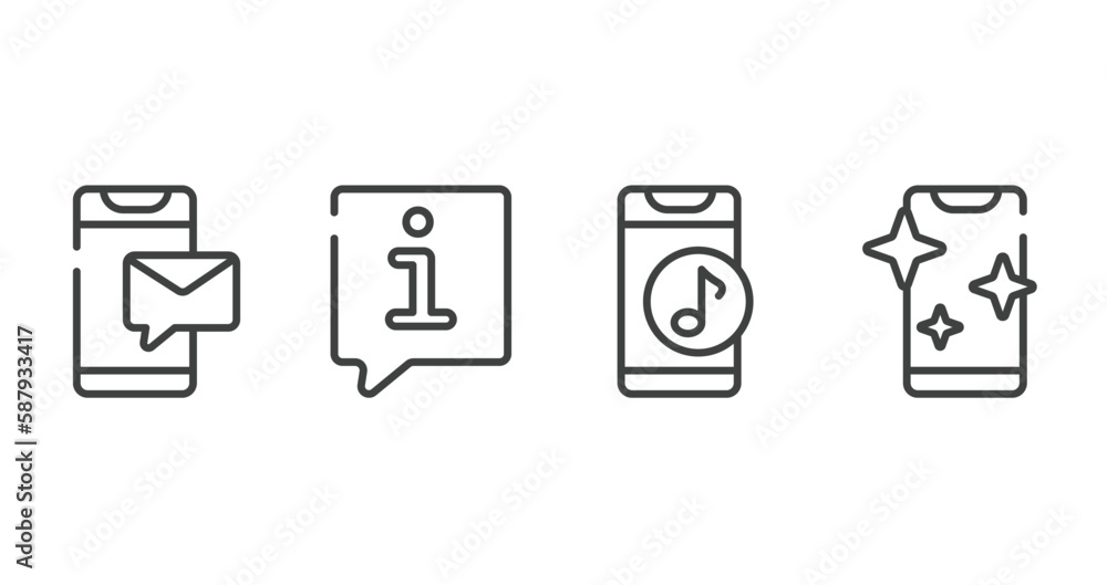 Poster smartphones outline icons set. thin line icons sheet included message on phone, speech bubble inform