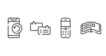 communication and media outline icons set. thin line icons sheet included phone with refresh arrows, chat bubbles with lines, old phone speaker, open magazine vector.