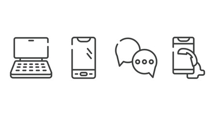 smartphones outline icons set. thin line icons sheet included notebook computer, smartphone with three buttons, round chat bubbles, telephone receiver vector.