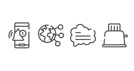 internet of things outline icons set. thin line icons sheet included bell interface, planet earth, bubble speech, toaster vector.