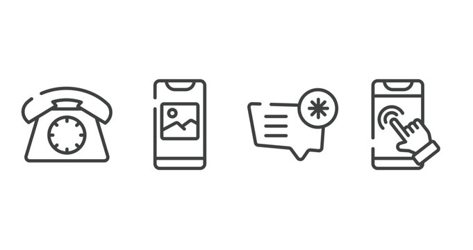 smartphones outline icons set. thin line icons sheet included dial phone, photo on phone screen, important message, phone touch vector.