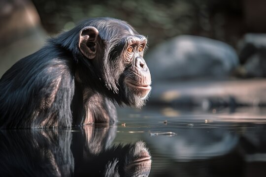 A curious and intelligent Chimpanzee looking at its reflection - This Chimpanzee is looking at its reflection, showing off its curious and intelligent nature. Generative AI