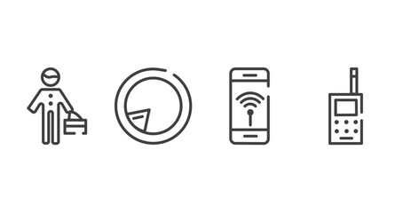 phone icons outline icons set. thin line icons sheet included stick man, postman, smartphone with wireless internet, vintage cellphone vector.