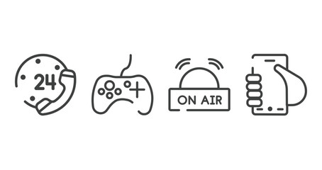 phone icons outline icons set. thin line icons sheet included telephone line 24 hours service, game controller, on air, hand graving smartphone vector.