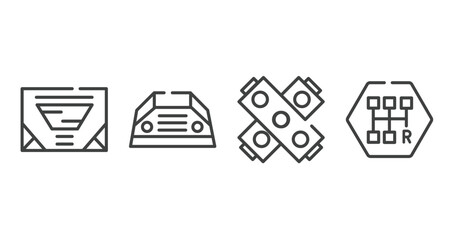 car parts outline icons set. thin line icons sheet included car sunroof or sunshine roof, car parcel shelf, gasket, gearbox vector.