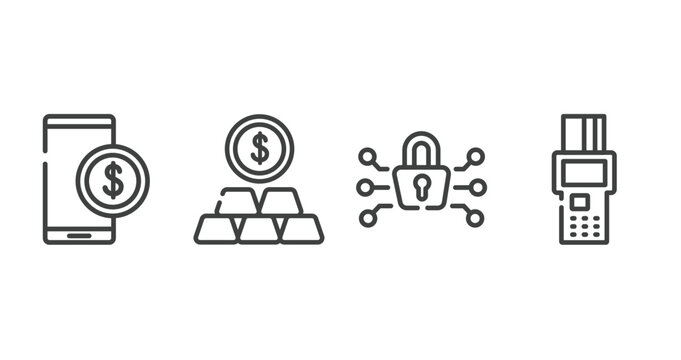 business financial outline icons set. thin line icons sheet included stock price, gold price, cryptography, point of service vector.