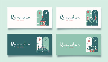 Ramadan Kareem. Set of Islamic greeting card with Kaaba, Quran, mosque, lantern. Vector holiday illustration in green colors for your holliday design.