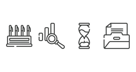 business consultant outline icons set. thin line icons sheet included pen container, data analysis, sand clock, files and folders vector.