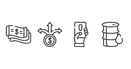 economy outline icons set. thin line icons sheet included money flow, pathway, penalty, oil barrel vector.