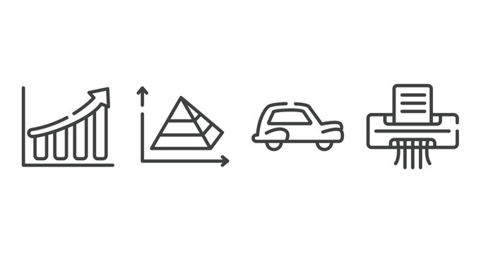 Office Outline Icons Set. Thin Line Icons Sheet Included Rise, Pyramid Chart, Old Car, Paper Shredder Vector.