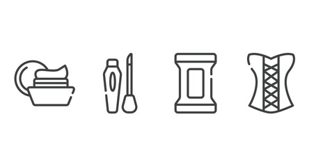 pretty outline icons set. thin line icons sheet included facial cream, liquid lipstick, makeup remover wipes, women cor vector.