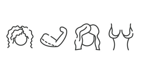 plastic surgery outline icons set. thin line icons sheet included curling hair, brachioplasty, hairdresser, breast reduction vector.