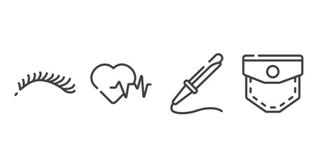 miscellaneous outline icons set. thin line icons sheet included eyelashes, hearts, curling, pocket vector.
