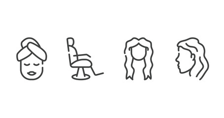 Obraz premium hair salon outline icons set. thin line icons sheet included face mask, barber chair, long female hair tincture, woman head side view vector.