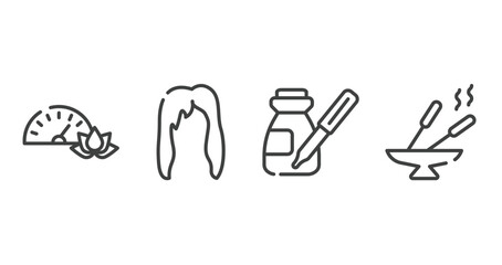 spa outline icons set. thin line icons sheet included pressure, female hair, serum, incense vector.